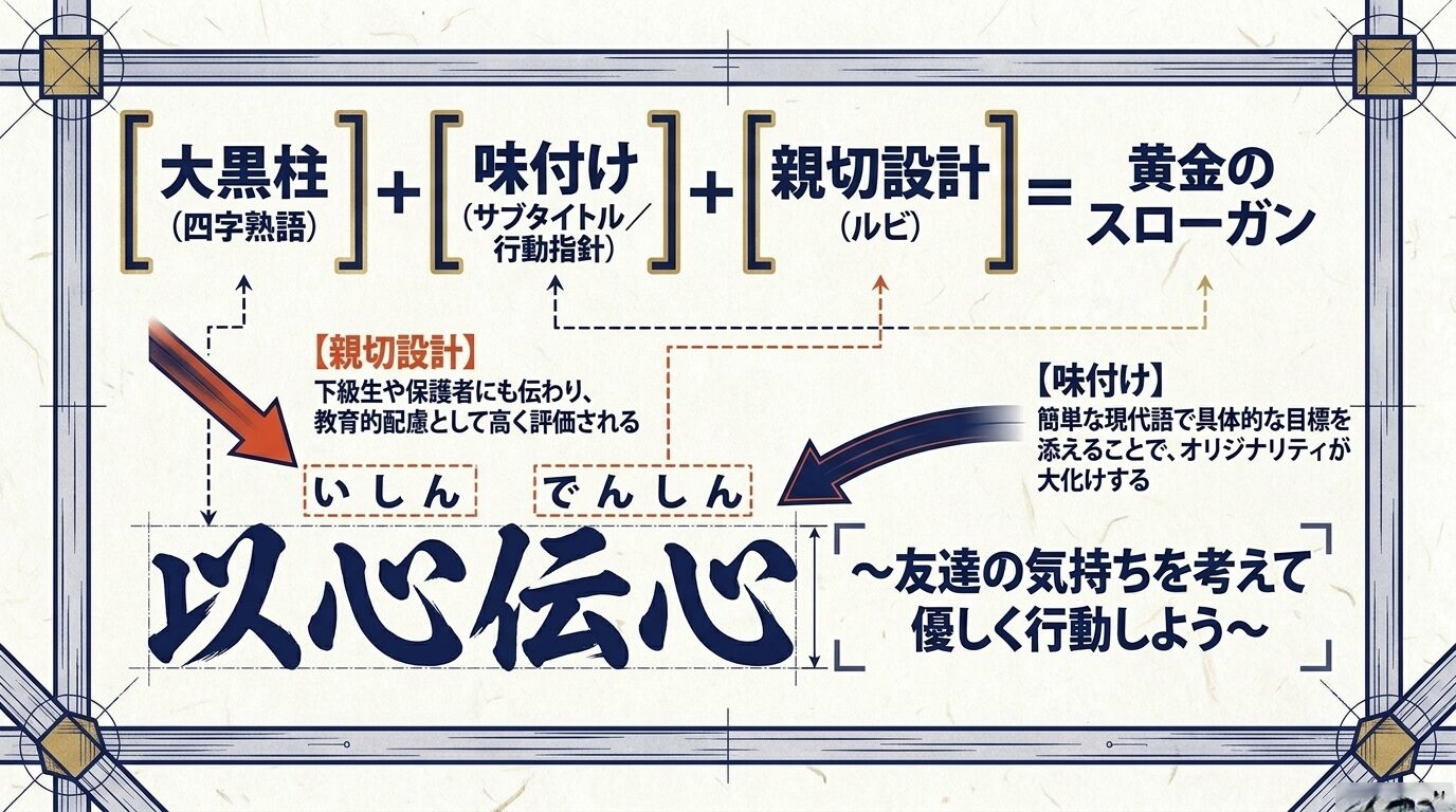 メインの四字熟語にサブタイトルとルビを組み合わせるスローガンの作り方を表した図解