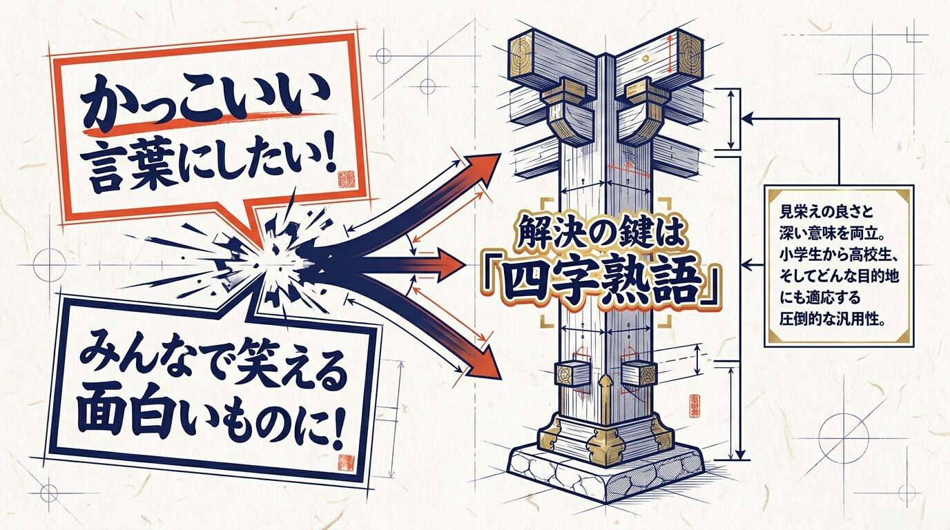かっこいい言葉にしたい、面白いものにしたいという意見の対立と、その解決の鍵が四字熟語であることを示すスライド