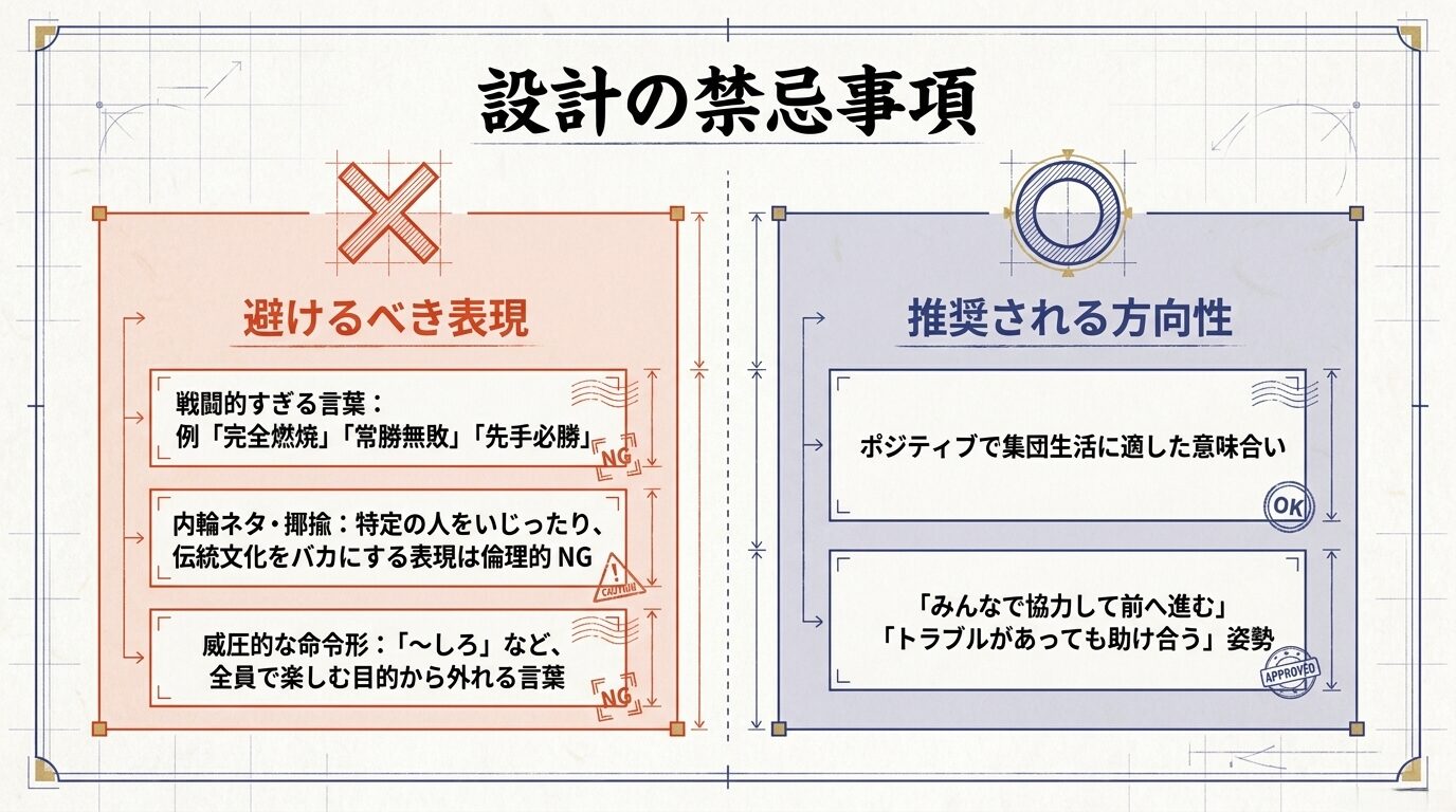 戦闘的な言葉や内輪ネタなどの避けるべき表現と、ポジティブで協調性のある推奨される方向性を比較した図解
