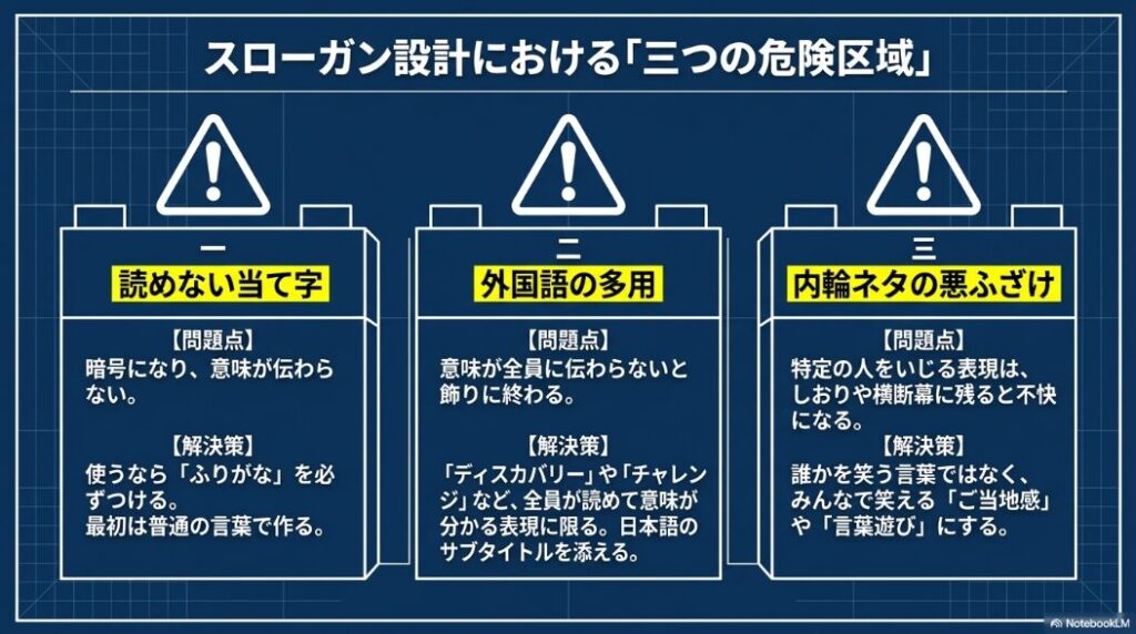 読めない当て字、外国語の多用、内輪ネタの悪ふざけを避ける注意点