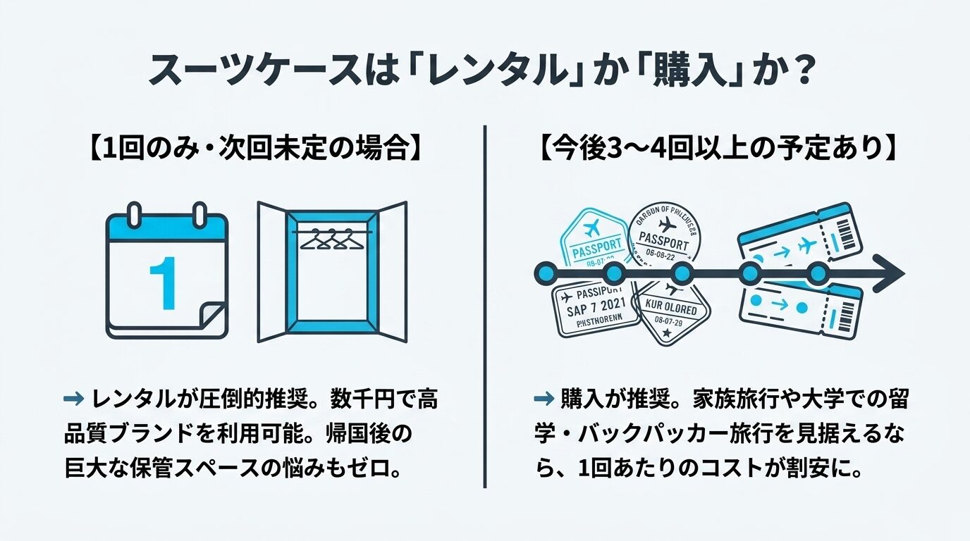 1回限りの場合はレンタル、3〜4回以上の予定がある場合は購入を推奨する、利用頻度に応じた選択ガイド。