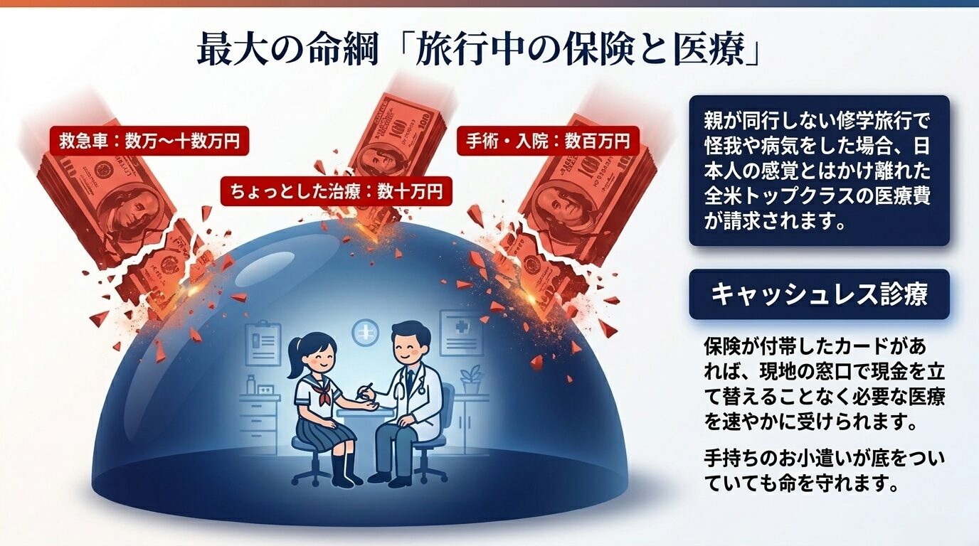 ハワイでの救急車や手術などの高額医療費と、キャッシュレス診療に対応したクレジットカードの保険の重要性を示す図解