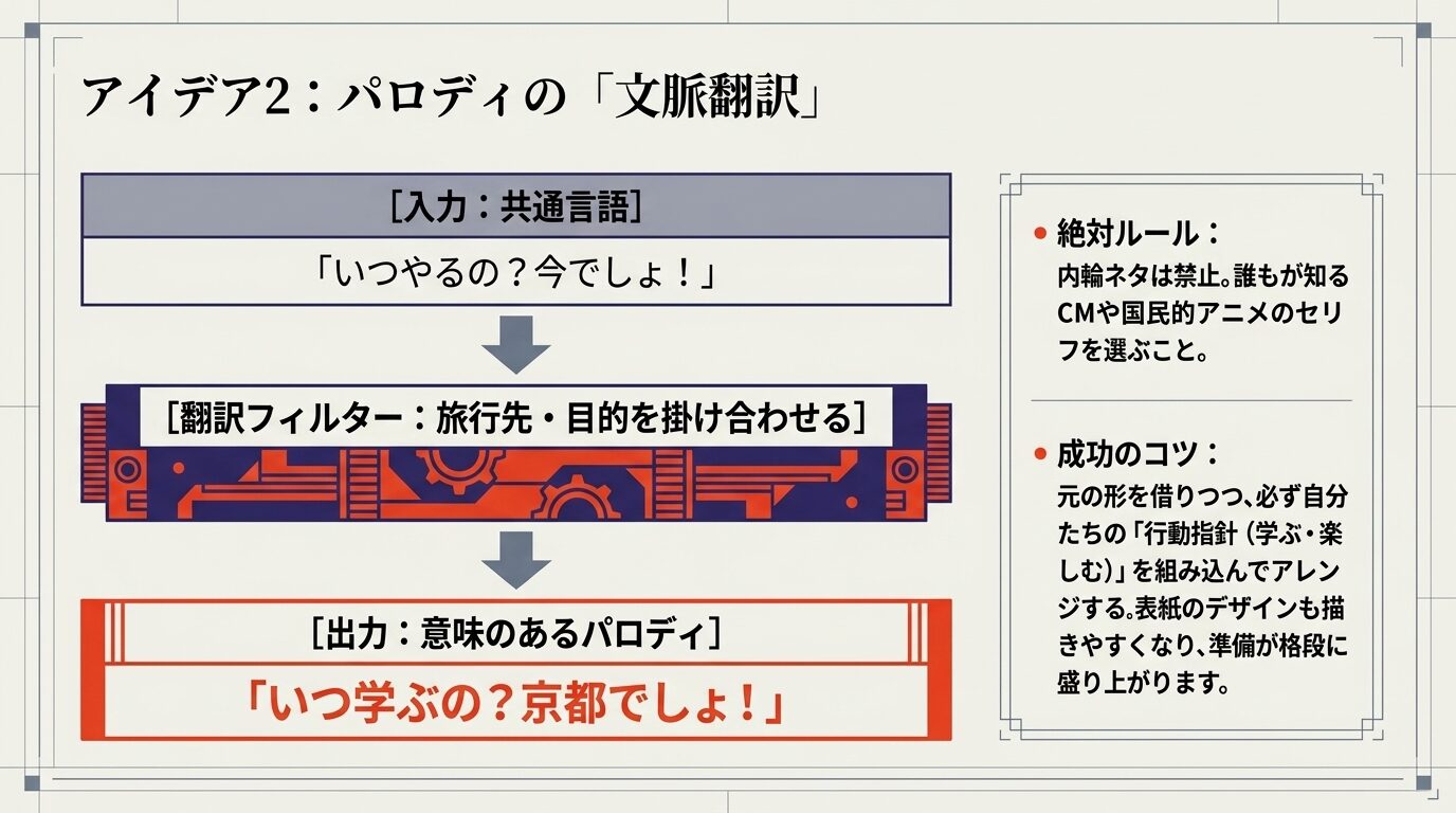アイデア2：パロディの「文脈翻訳」の手順。入力として共通言語「いつやるの？今でしょ！」を入れ、旅行先・目的を掛け合わせる翻訳フィルターを通すことで、出力として意味のあるパロディ「いつ学ぶの？京都でしょ！」を生成する流れ図。内輪ネタ禁止の絶対ルールや成功のコツも記載。