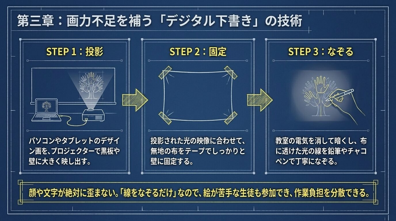 ステップ1：投影、ステップ2：固定、ステップ3：なぞる、というプロジェクター活用の下書き手順。