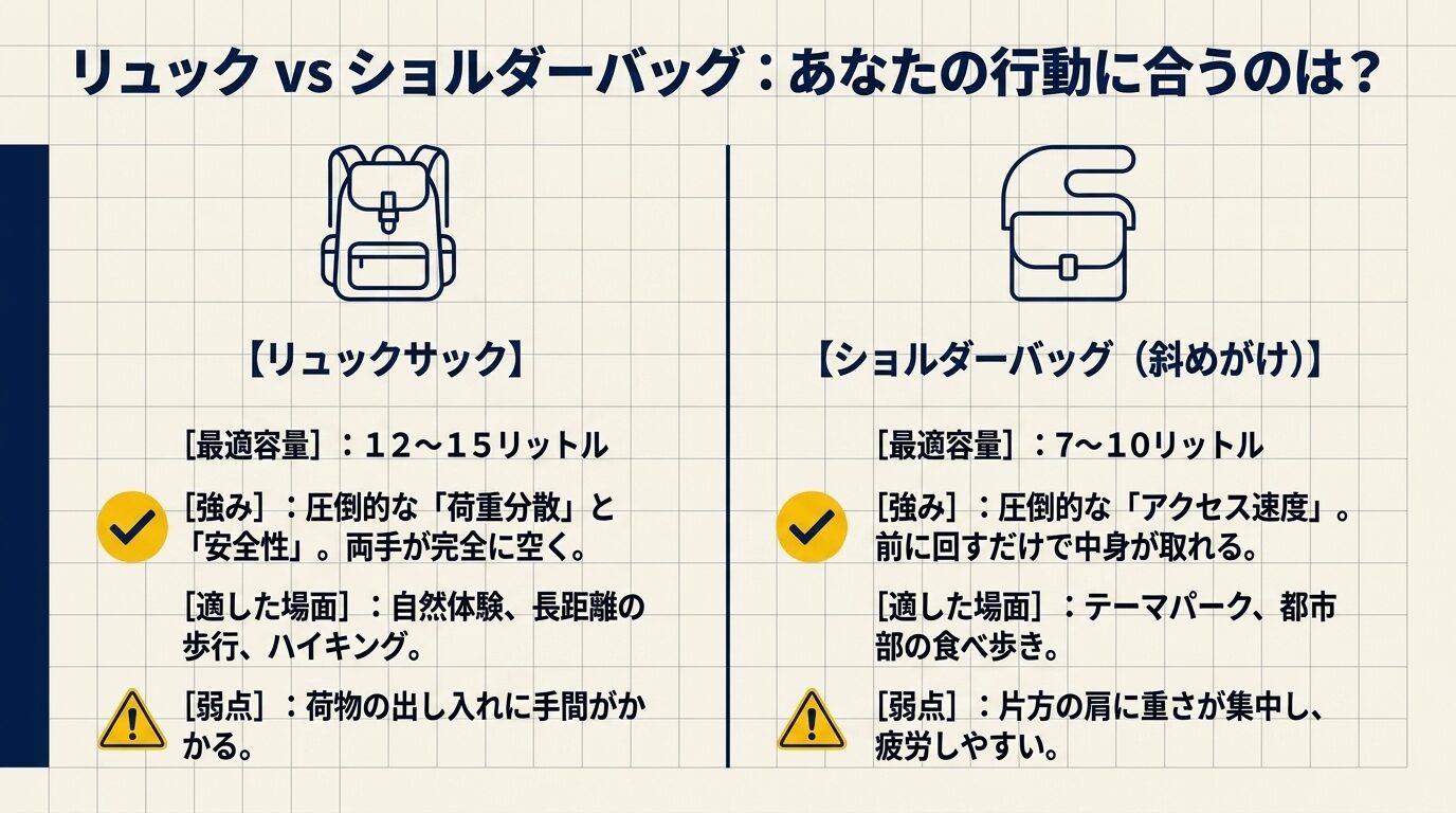 リュックサックとショルダーバッグのアイコン。それぞれの荷重分散、アクセス速度、適した場面（自然体験 vs 都市部）を比較した表。