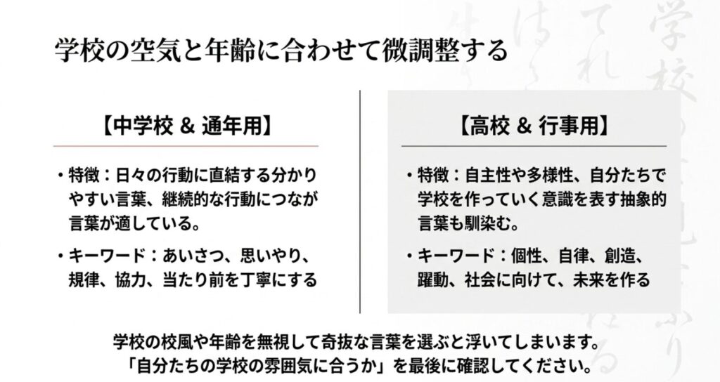 中学校や通年用、高校や行事用で合うキーワードや表現が変わることを比較したスライド