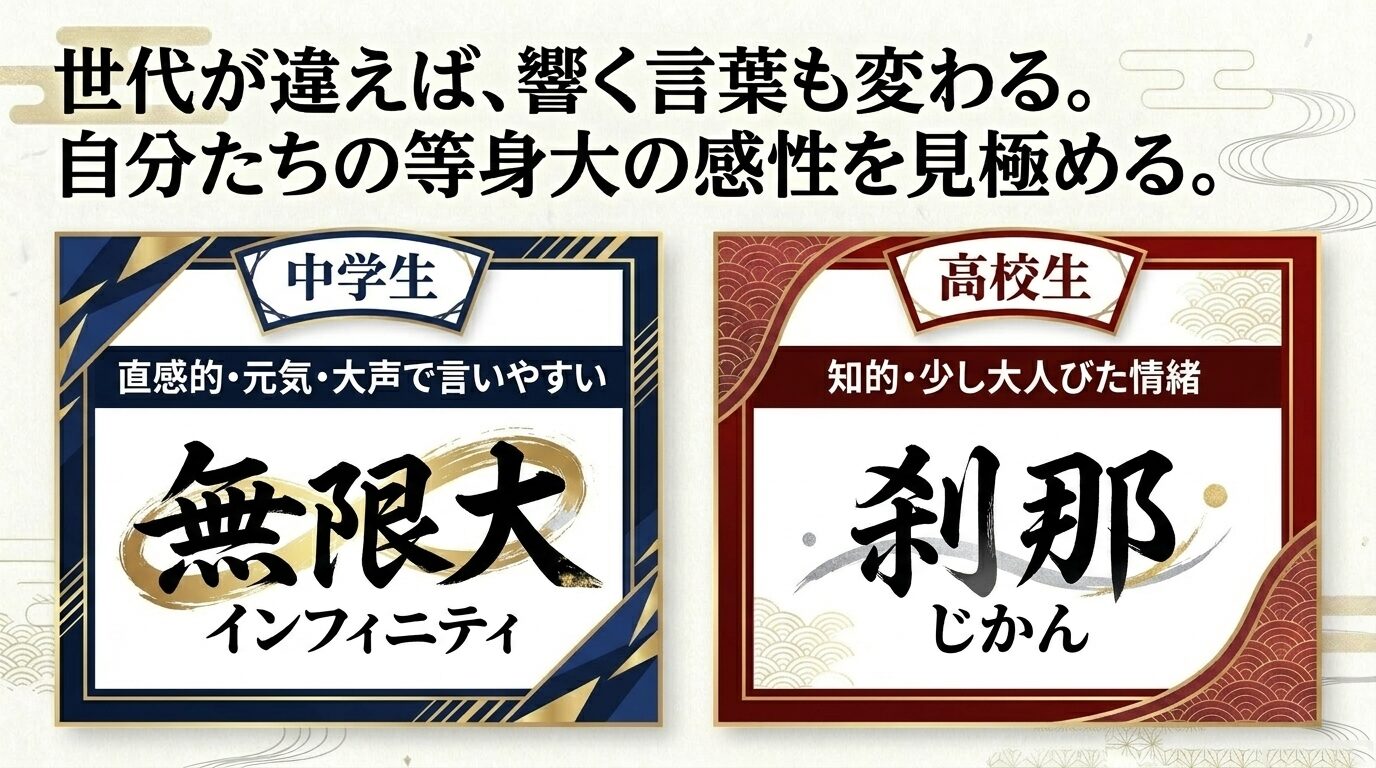 中学生向け「無限大（インフィニティ）」と高校生向け「刹那（じかん）」を例に、知的・少し大人びた情緒など世代ごとの感性の違いを解説するスライド
