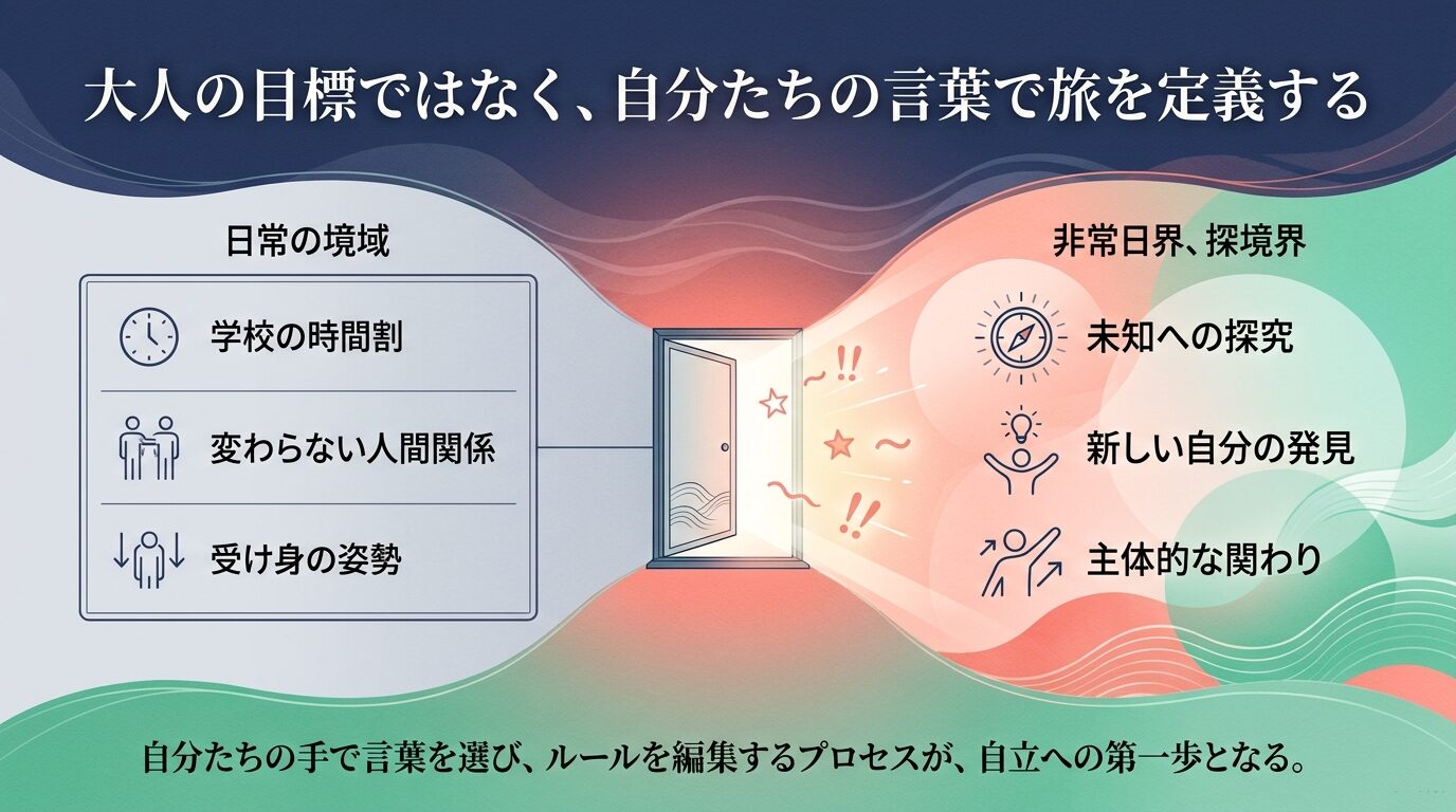 受動から主体への変化を示す概念図。「大人の目標ではなく、自分たちの言葉で旅を定義する」というテーマのもと、日常の境域(学校の時間割、変わらない人間関係、受け身の姿勢)から非常日界・探境界(未知への探究、新しい自分の発見、主体的な関わり)への移行を示し、「自分たちの手で言葉を選び、ルールを編集するプロセスが、自立への第一歩となる」と説明しているスライド。
