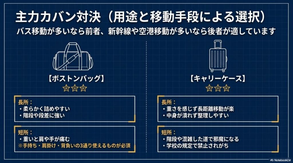 主力カバン対決。ボストンバッグは階段に強いが重いと負担、キャリーケースは長距離移動が楽だが階段や混雑で邪魔になる
