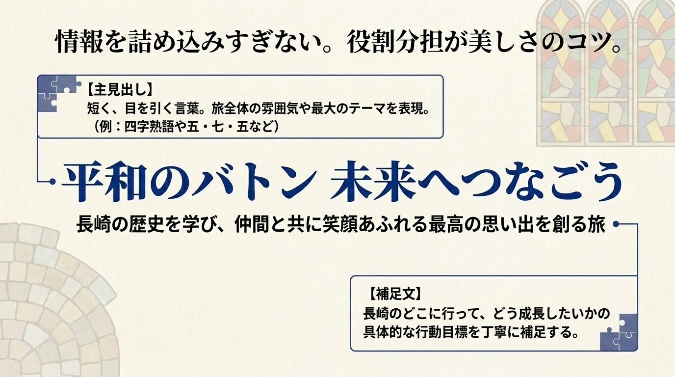 情報を詰め込みすぎない役割分担のコツ。主見出し：短く目を引く言葉（例：「平和のバトン 未来へつなごう」）。補足文：長崎のどこに行ってどう成長したいかの具体的な行動目標（例：「長崎の歴史を学び、仲間と共に笑顔あふれる最高の思い出を創る旅」）。