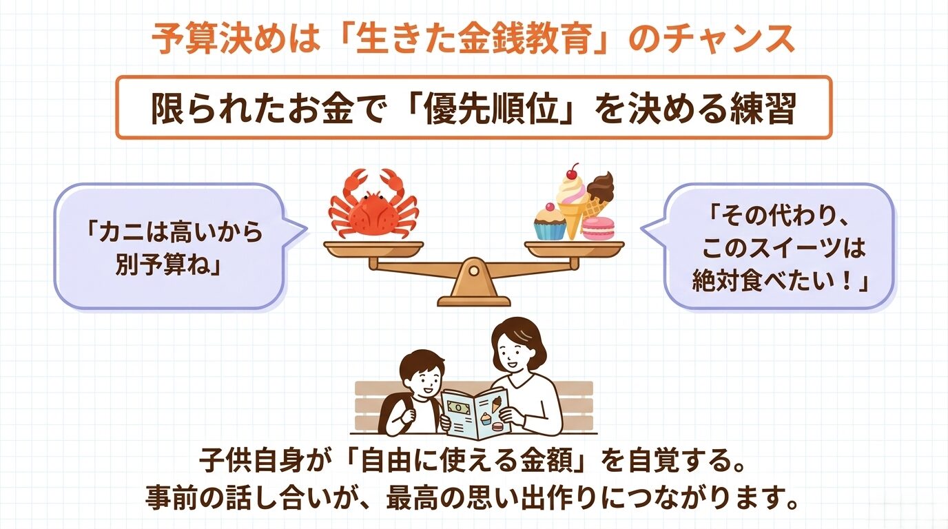限られたお金で優先順位を決める練習として、事前に話し合うことで子供自身が自由に使える金額を自覚し、最高の思い出作りにつながるというメッセージ
