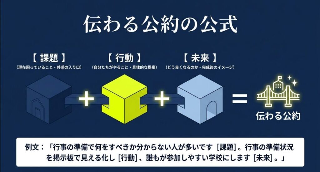 課題、行動、未来の3要素を組み合わせて伝わる公約を作る公式を示すスライド