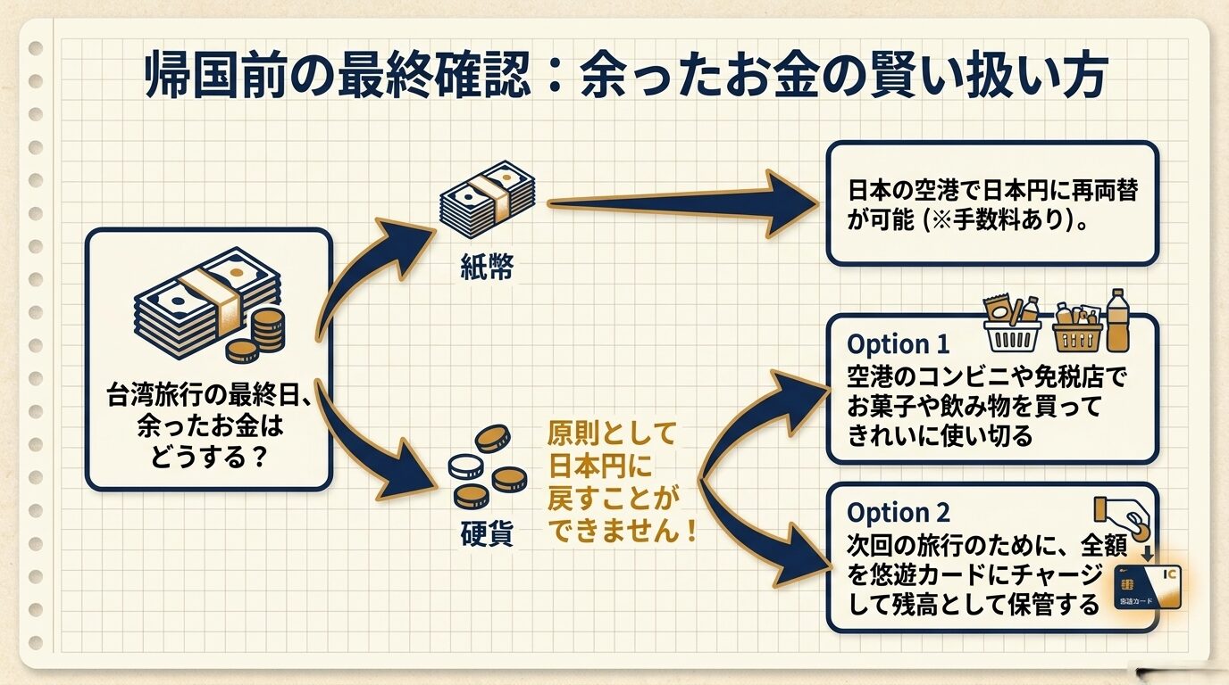 帰国前に余った硬貨は日本円に戻せないため、空港で使い切るか悠遊カードにチャージして保管する方法を示すフローチャート