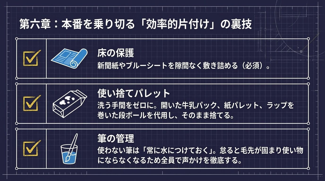 床の保護、使い捨てパレットの活用、筆の管理という3つの効率的な片付けの裏技。