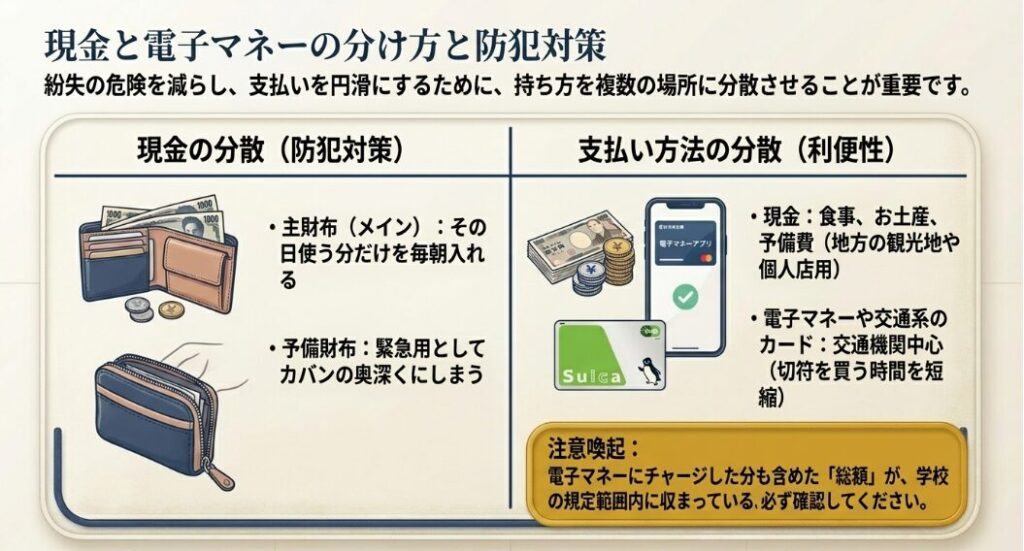 修学旅行中の紛失を防ぐため、現金をメイン財布と予備財布に分散させ、交通系ICなどの電子マネーと使い分ける方法の図解