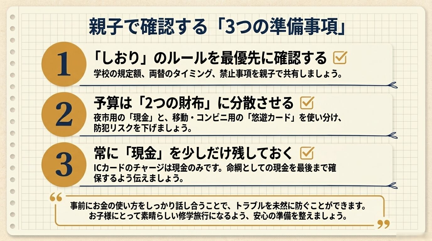 しおりのルールの最優先、2つの財布への分散、現金を残すことの3点をまとめた確認スライド