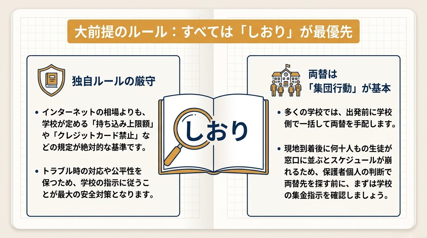 持ち込み上限額やクレジットカード禁止など、学校のしおりの規定が絶対的な基準であることを示すスライド