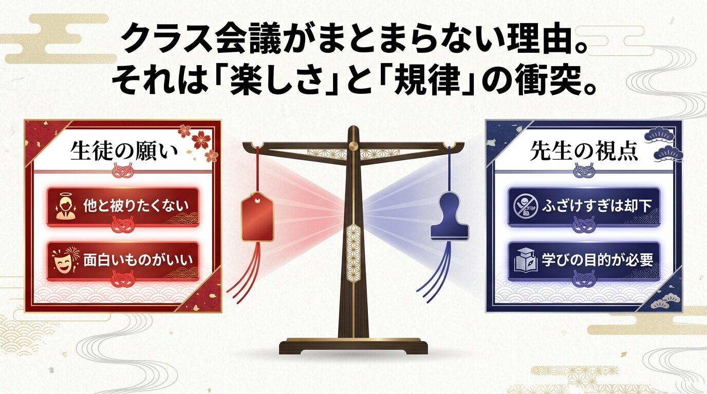 クラス会議がまとまらない理由として、生徒の「面白いものがいい」という願いと先生の「規律・学びの目的が必要」という視点の衝突を解説するスライド