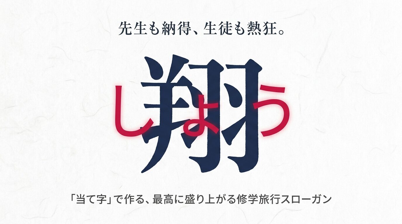 納得と熱狂の当て字スローガン「翔（しょう）」を例にした、最高に盛り上がる修学旅行スローガンの表紙イメージ