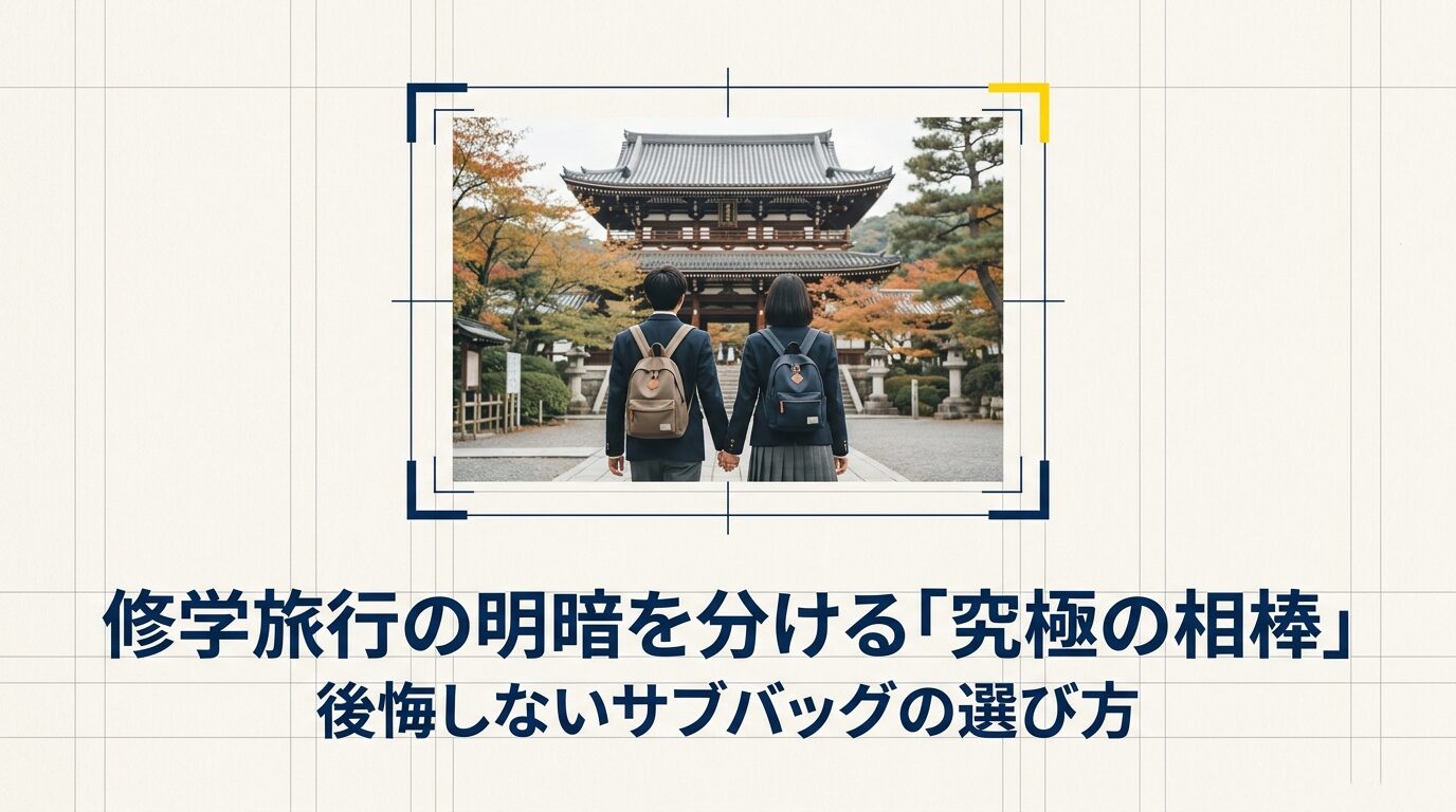 修学旅行先の寺院を背景に、リュックを背負って歩く2人の高校生の背中。