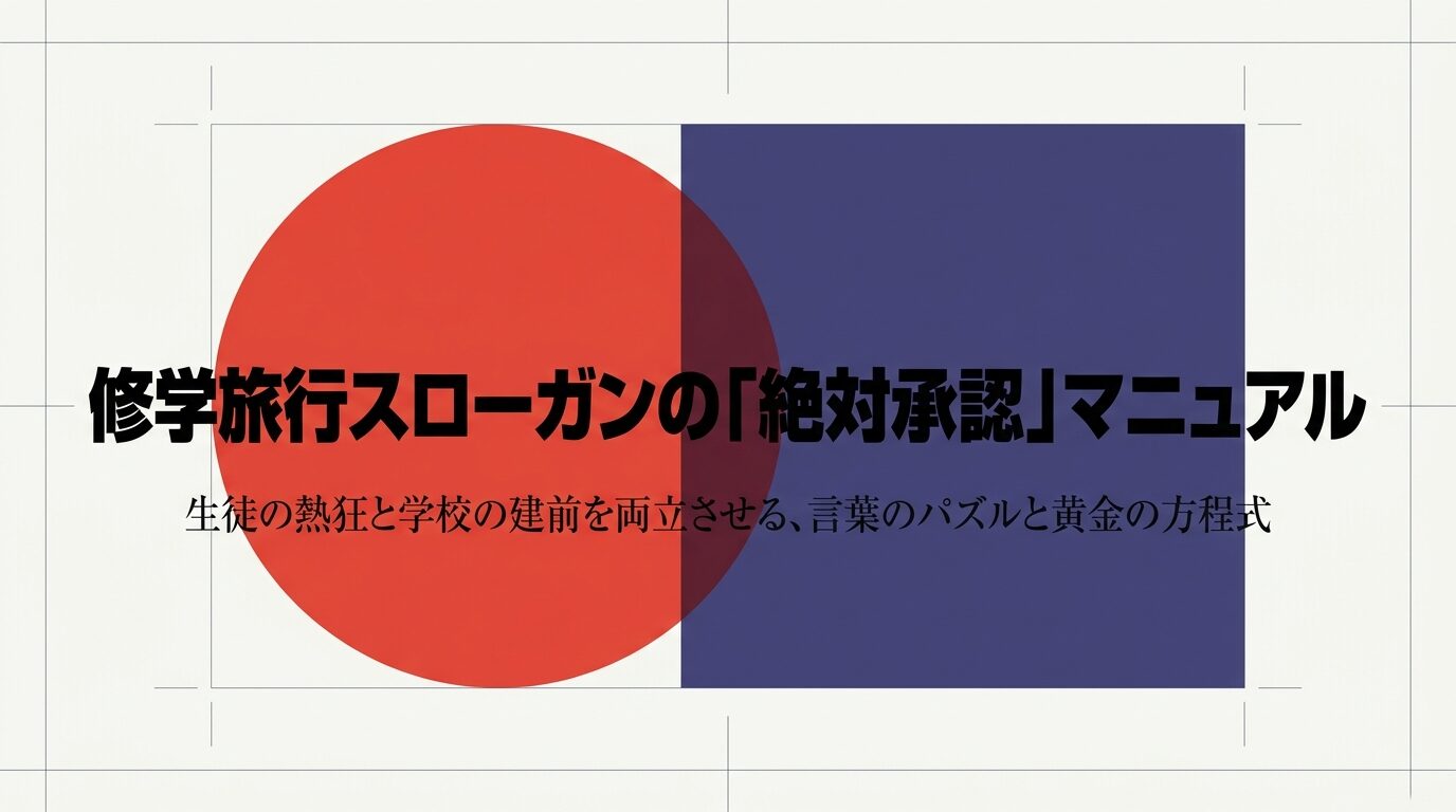 修学旅行スローガンの「絶対承認」マニュアル。生徒の熱狂と学校の建前を両立させる、言葉のパズルと黄金の方程式、と書かれた表紙スライド。