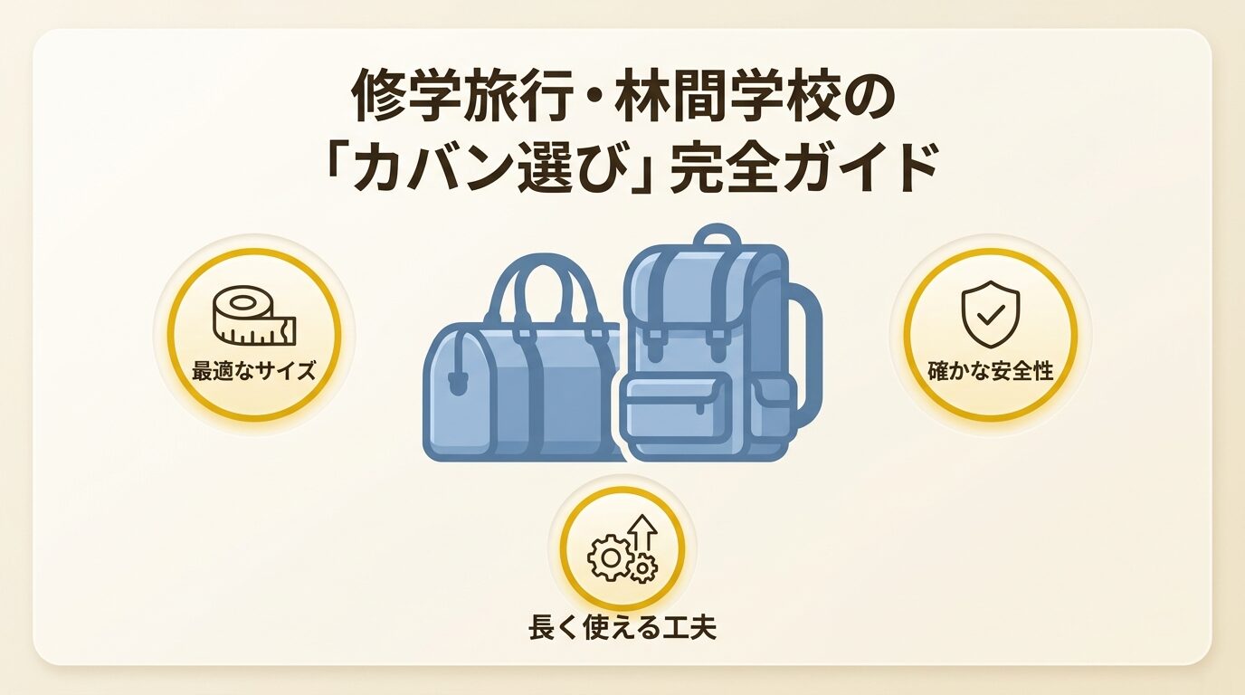 修学旅行・林間学校の「カバン選び」完全ガイドの表紙。最適なサイズ、長く使える工夫、確かな安全性の3つの重要ポイントがアイコンと共に示されている。
