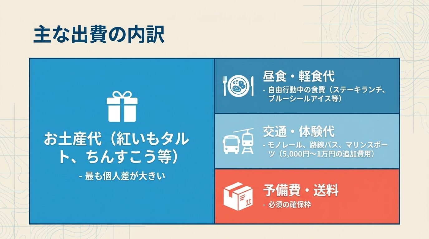 昼食・軽食代、お土産代、交通・体験代、予備費・送料などの内訳をまとめた表。