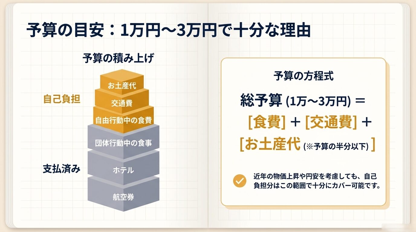 総予算1万円から3万円の範囲で、食費、交通費、お土産代を構成する予算の方程式を示す図解