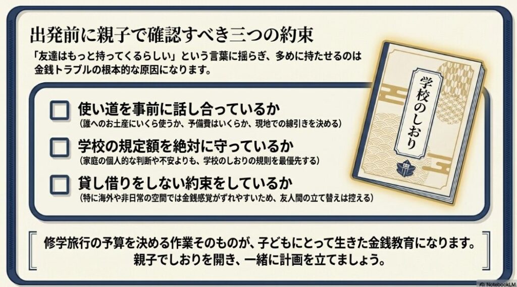 使い道を事前に話し合う、学校の規定額を絶対に守る、お金の貸し借りをしないという、修学旅行出発前に親子で確認すべき3つの約束