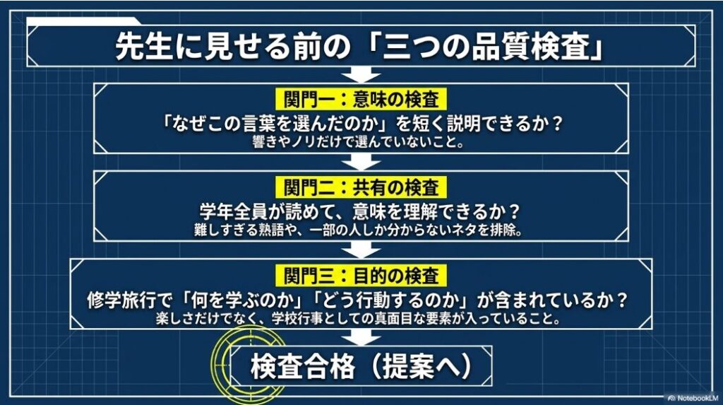 意味の説明、全員への共有、修学旅行の目的が含まれているかを確認する検査項目
