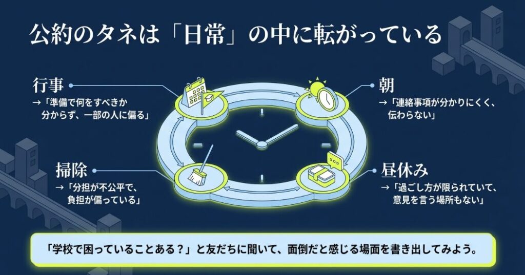 行事、朝、昼休み、掃除など日常の中から公約のタネを見つける方法を示すスライド