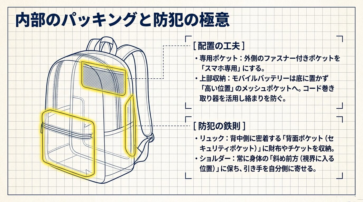 リュックの透視図。スマホ専用ポケット、高い位置へのモバイルバッテリー収納、背面のセキュリティポケットの配置を示した図。
