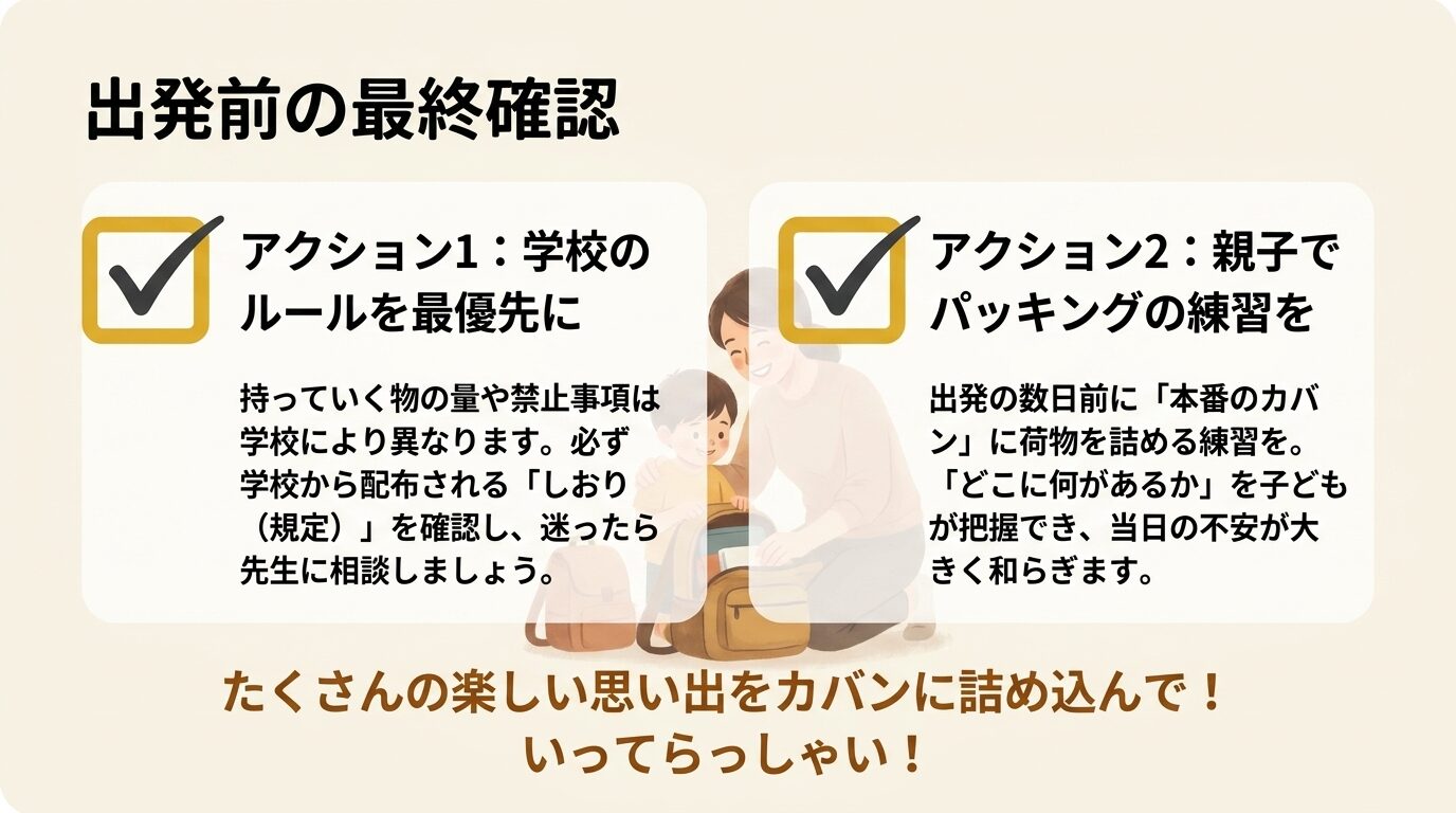 出発前の重要な2つのアクションとして、学校のルールを最優先に確認すること、親子でパッキングの練習をすることを促すチェックリスト。