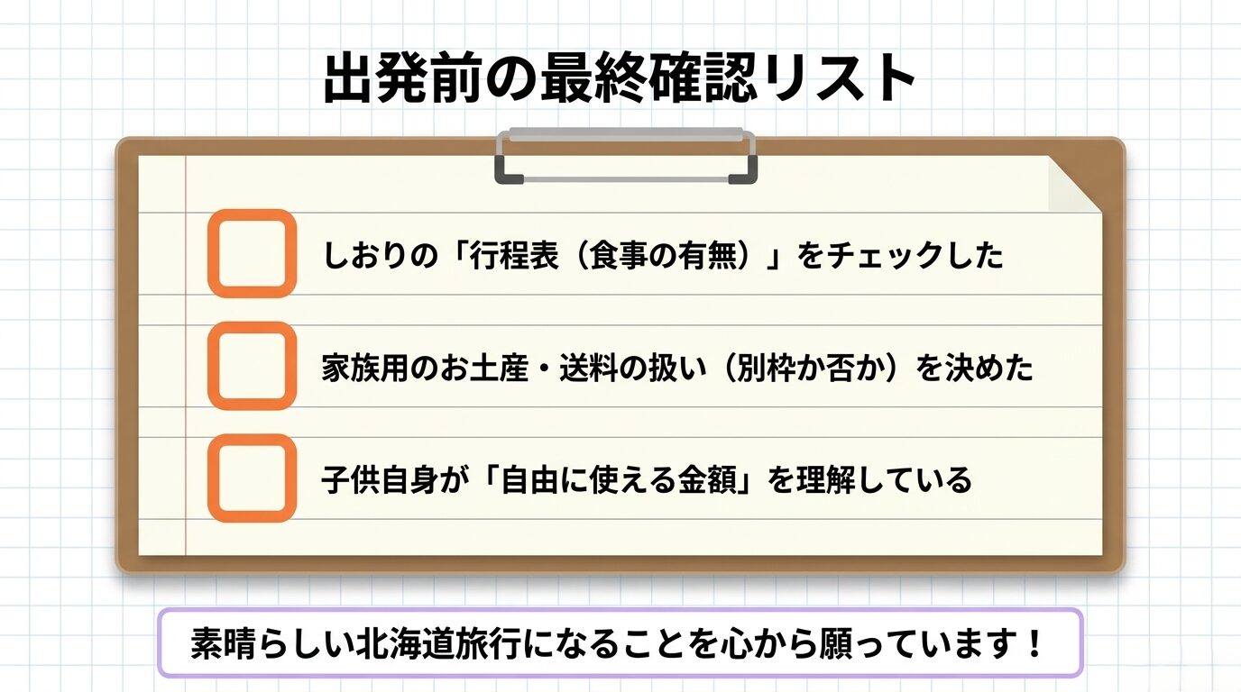食事の有無などの行程表チェック、お土産や送料が別枠かどうかの決定、子供自身が自由に使える金額の理解という3項目のチェックリスト