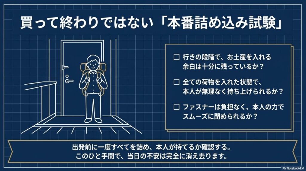 カバン選びの最終工程「本番詰め込み試験」。お土産の余白、本人が持ち上げられる重さか、ファスナーがスムーズに閉まるかを確認する