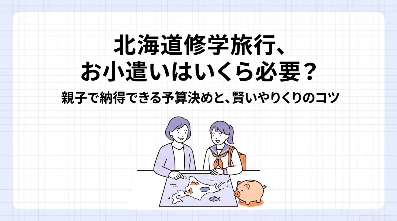 「北海道修学旅行、お小遣いはいくら必要？」および「親子で納得できる予算決めと、賢いやりくりのコツ」と書かれた表紙スライド