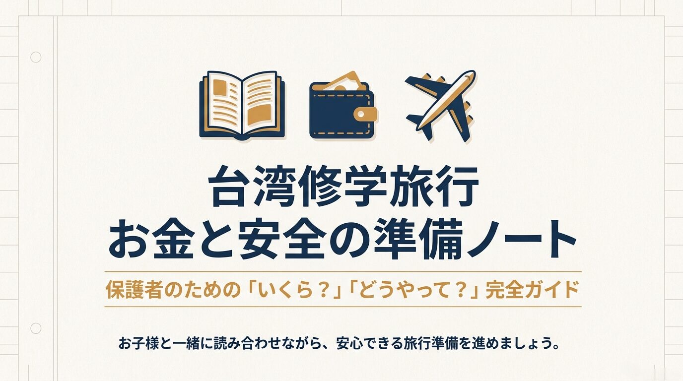台湾修学旅行のお金と安全に関する準備ガイドの表紙イラスト