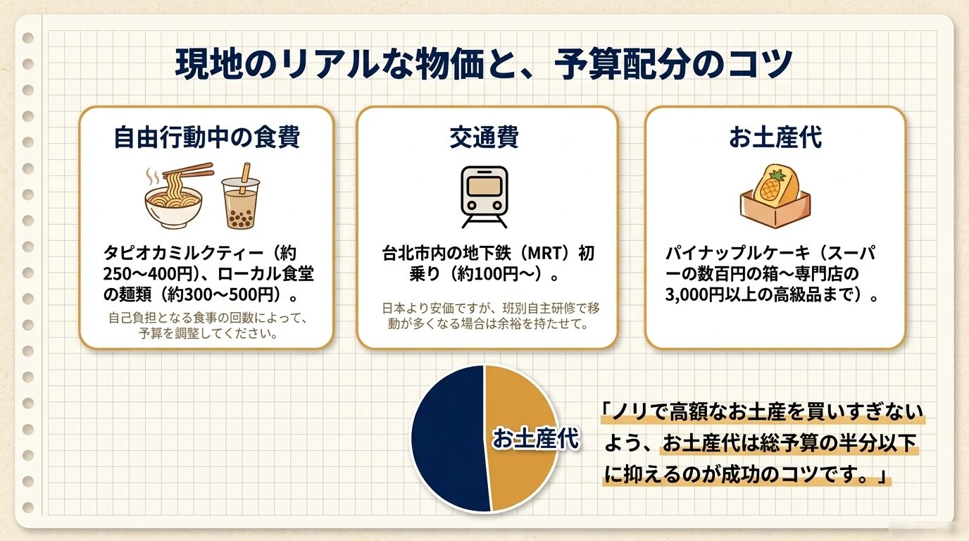 タピオカミルクティーや地下鉄、パイナップルケーキなど、台湾の具体的な物価目安と予算配分のコツをまとめたスライド