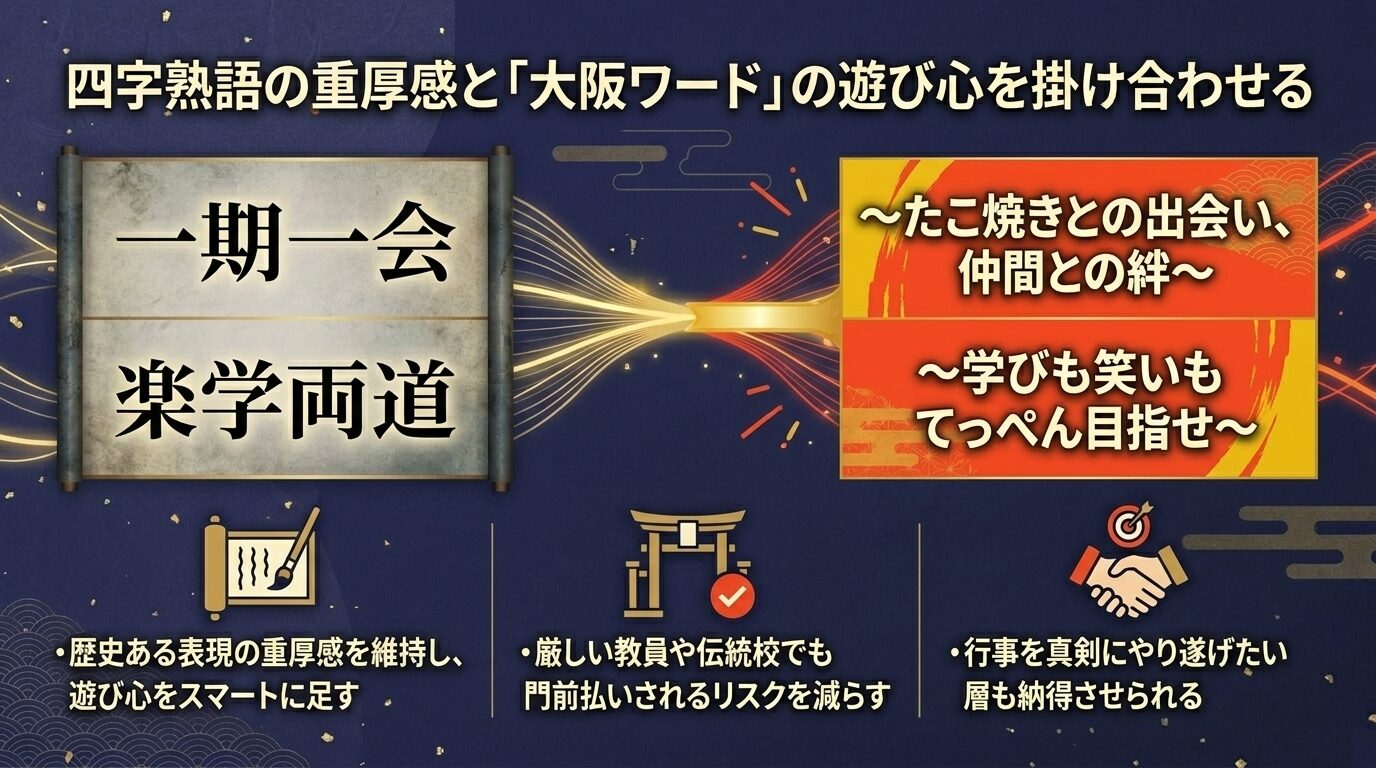 四字熟語の重厚感と大阪ワードの遊び心を掛け合わせる例。「一期一会 〜たこ焼きとの出会い、仲間との絆〜」や「楽学両道 〜学びも笑いもてっぺん目指せ〜」を提示し、歴史ある表現の重厚感を維持しつつ教員や伝統校の納得と生徒の遊び心を両立させるメリットを解説している。