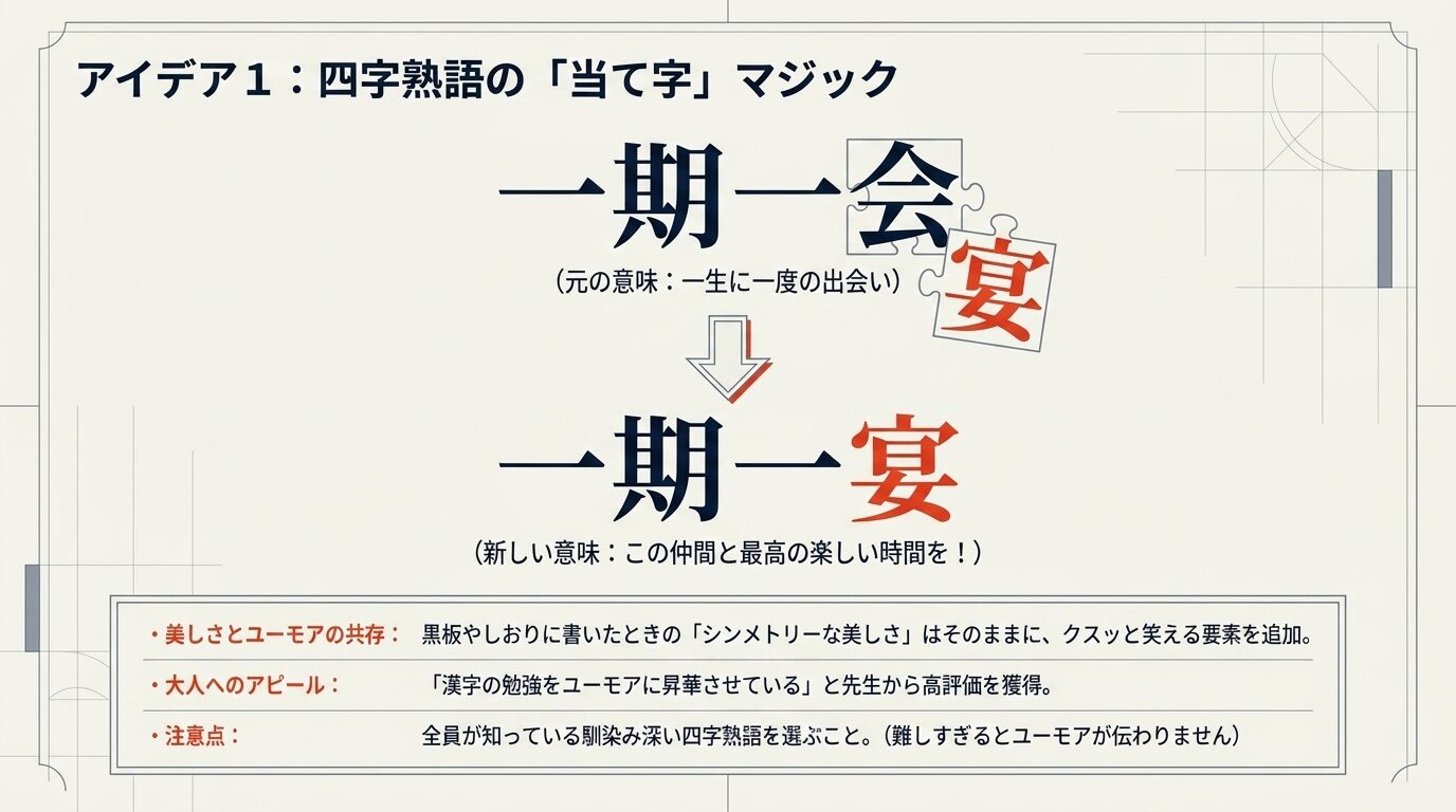 アイデア1：四字熟語の「当て字」マジック。「一期一会」の「会」を「宴」に変えて「一期一宴」とする例を挙げ、美しさとユーモアの共存、大人へのアピール、馴染み深い四字熟語を選ぶ注意点をまとめたスライド。