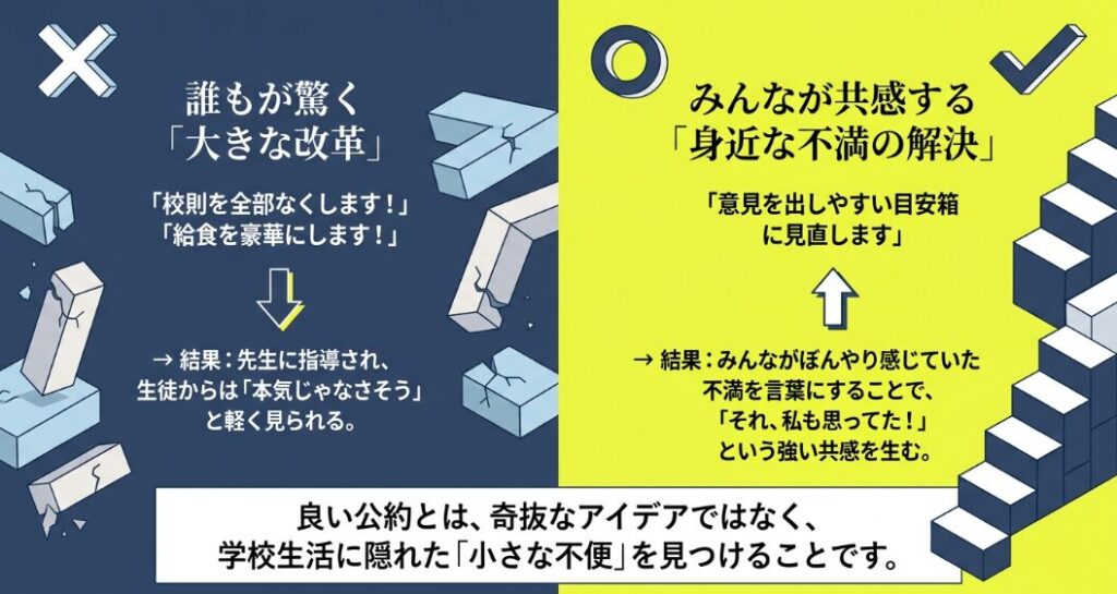大きすぎる改革ではなく、身近な不満を解決する公約が共感を生むことを示す比較スライド