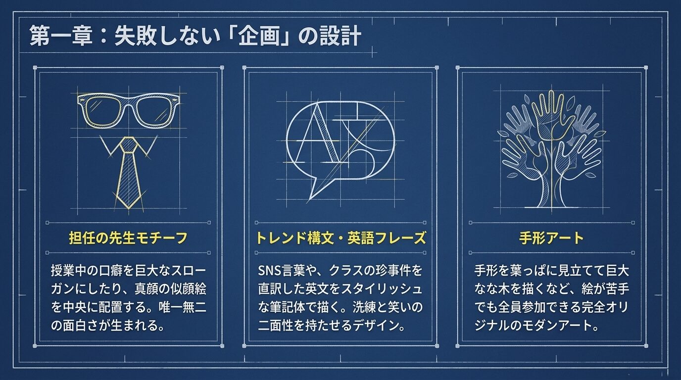 担任の先生モチーフ、トレンド構文・英語フレーズ、手形アートという3つの具体的なデザインアイデアの解説。