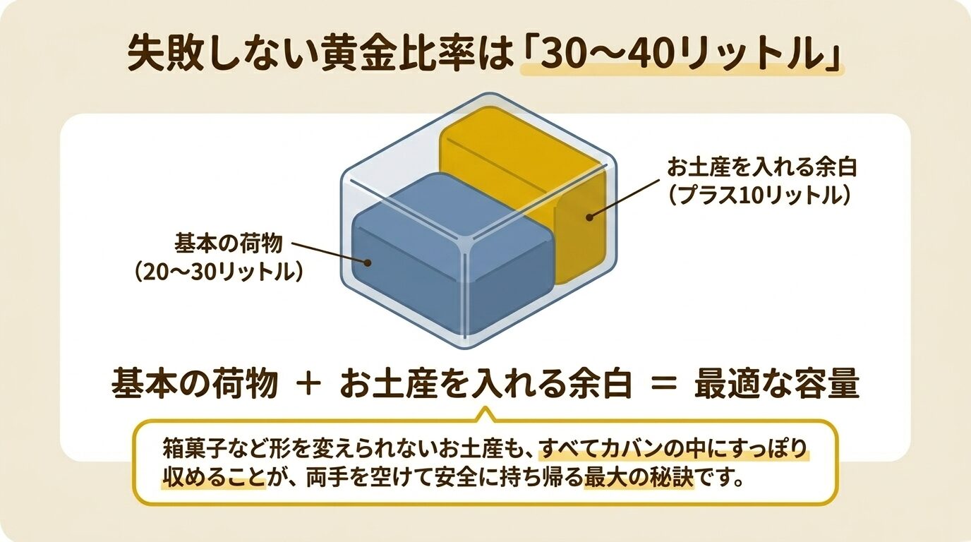 30〜40リットルが最適な理由を、基本の荷物（20〜30L）にお土産を入れる余白（プラス10L）を足した図解で解説している。