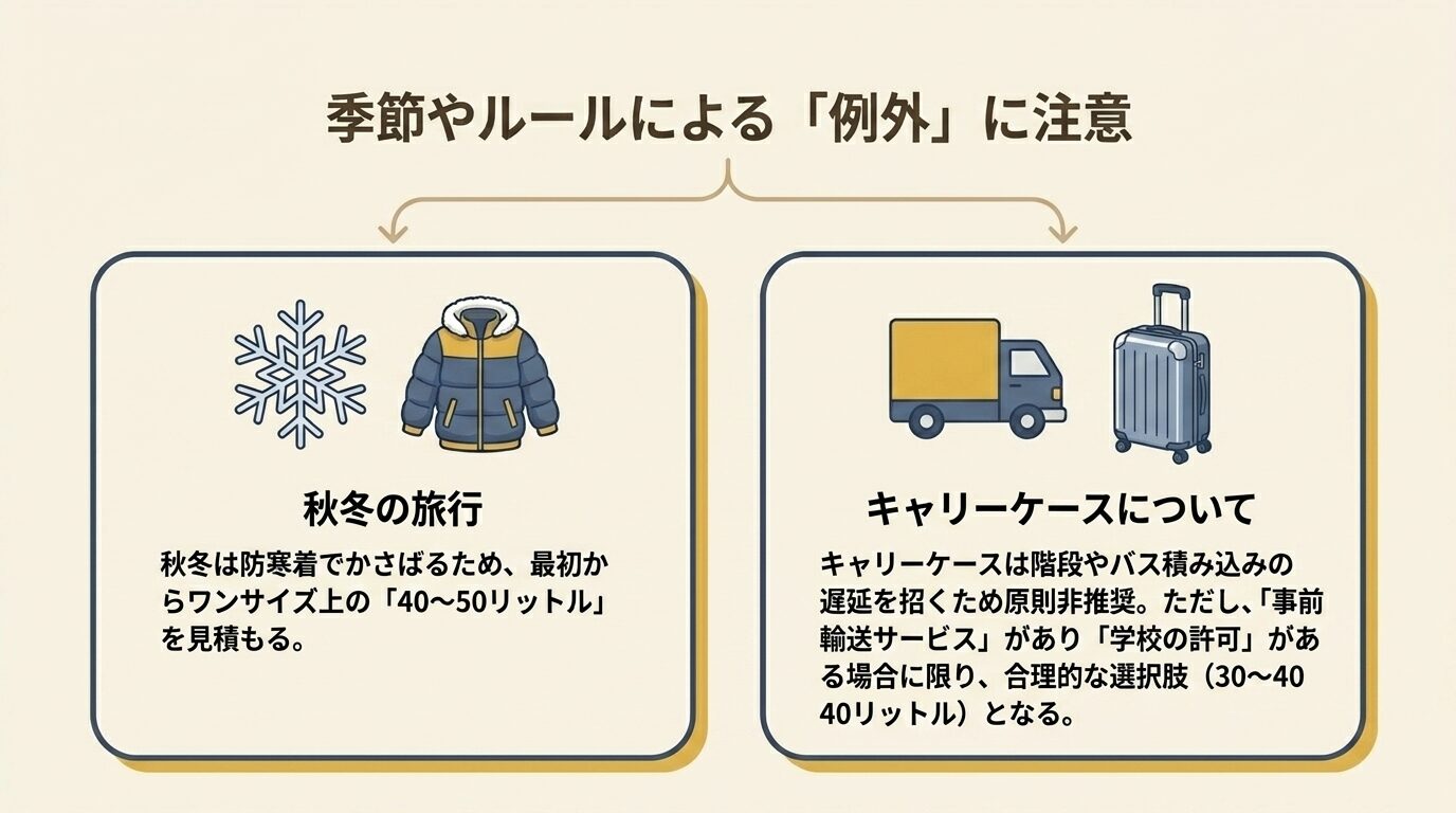 秋冬は防寒着でかさばるため40〜50Lを推奨すること、キャリーケースは学校の許可と事前輸送サービスがある場合のみ検討すべきことを説明するイラスト。