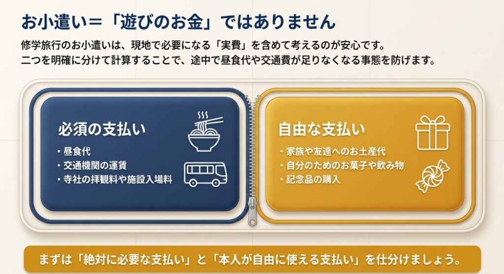中学生は1万円から2万円、高校生は2万円から5万円など、学年や日数別の修学旅行のお小遣い相場と傾向をまとめた表