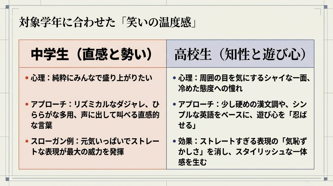対象学年に合わせた「笑いの温度感」の比較図。中学生（直感と勢い）はリズミカルなダジャレやひらがな多用、高校生（知性と遊び心）は漢文調やシンプルな英語をベースに遊び心を忍ばせるアプローチが有効で、スタイリッシュな一体感を生むと説明しているスライド。