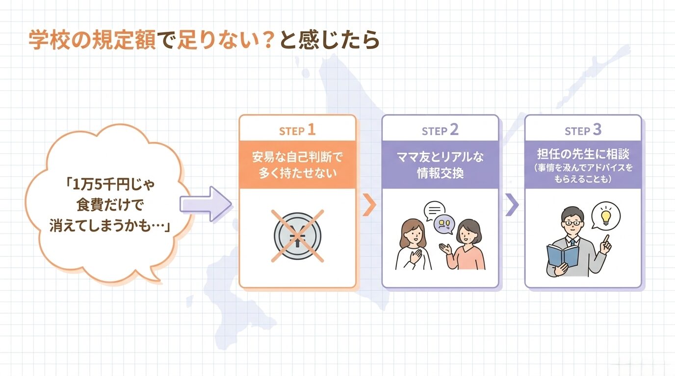 規定額では食費だけで消えてしまうと感じた場合のステップとして、安易な自己判断で多く持たせないこと、ママ友とリアルな情報交換をすること、担任の先生に事情を相談してアドバイスをもらうことを提案する図
