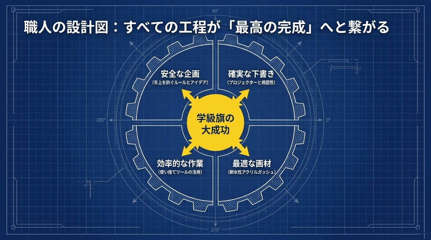 安全な企画、確実な下書き、効率的な作業、最適な画材の4つが噛み合うことで大成功に繋がることを示す図解。