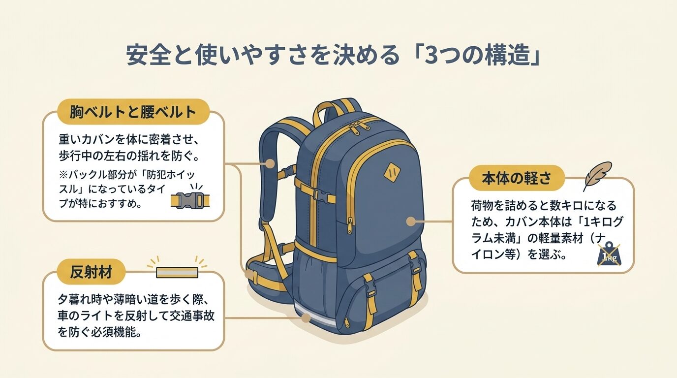 重さを分散する胸・腰ベルト（防犯ホイッスル付き）、夜道の視認性を高める反射材、1kg未満の軽量素材の3つの重要機能を説明するリュックの図解。