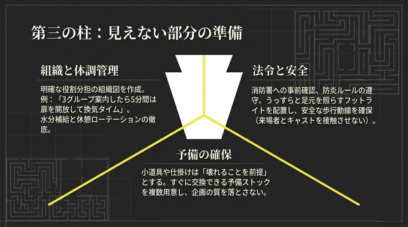 組織と体調管理、法令と安全、予備の確保という3つの観点から安全管理の土台を説明した図解